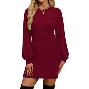 Ofeefan Women Red Puff Long Sleeve Crewneck Bodycon Ribbed Sweater Dress